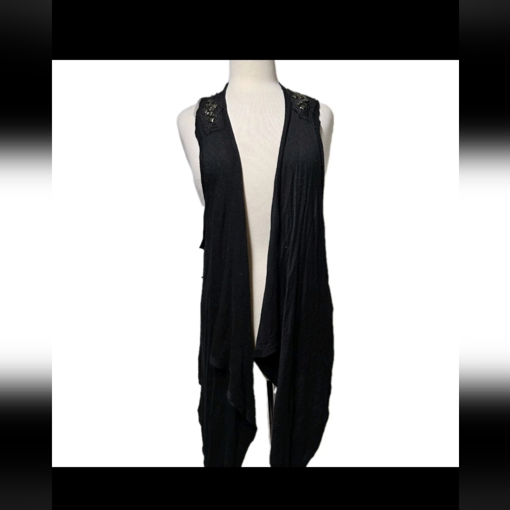 WOMENS CACHE BLACK BEADED RAYON OPEN FRONT CARDIGAN SIZE LARGE